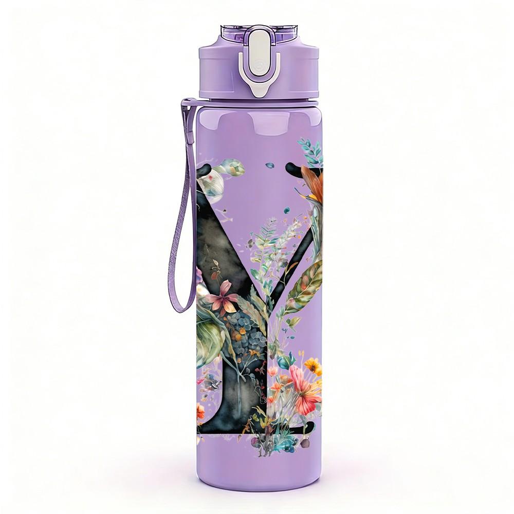 1PC Letter V Floral Monogram Art Print 750ml Color Plastic Sports Water Bottle Leakproof Flip Straw Lid Suitable for Sports Office Home Use