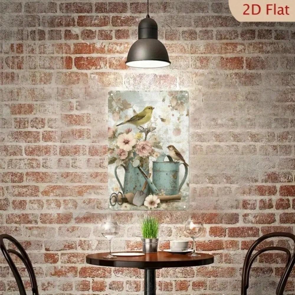 Vintage Pink Rose Bird Metal Tin Sign 8x12 Inch Rustic Floral Vase Wall Decor