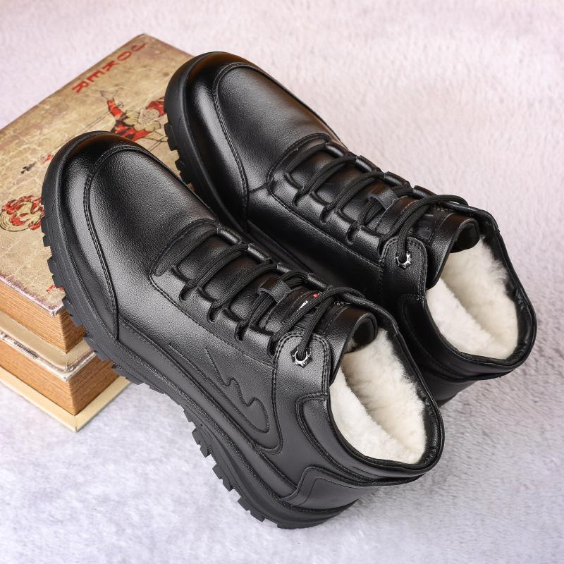 Fashion NEW Genuine Leather Cotton Shoes Men's Winter Plush Warm Leather Shoes Thickened Wool Anti-skid Leisure Trend High Top Shoes Men