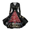 Ladies' Casual And Fashionable Christmas Tree Print Long Sleeved V-neck Sexy Pocket Dress
