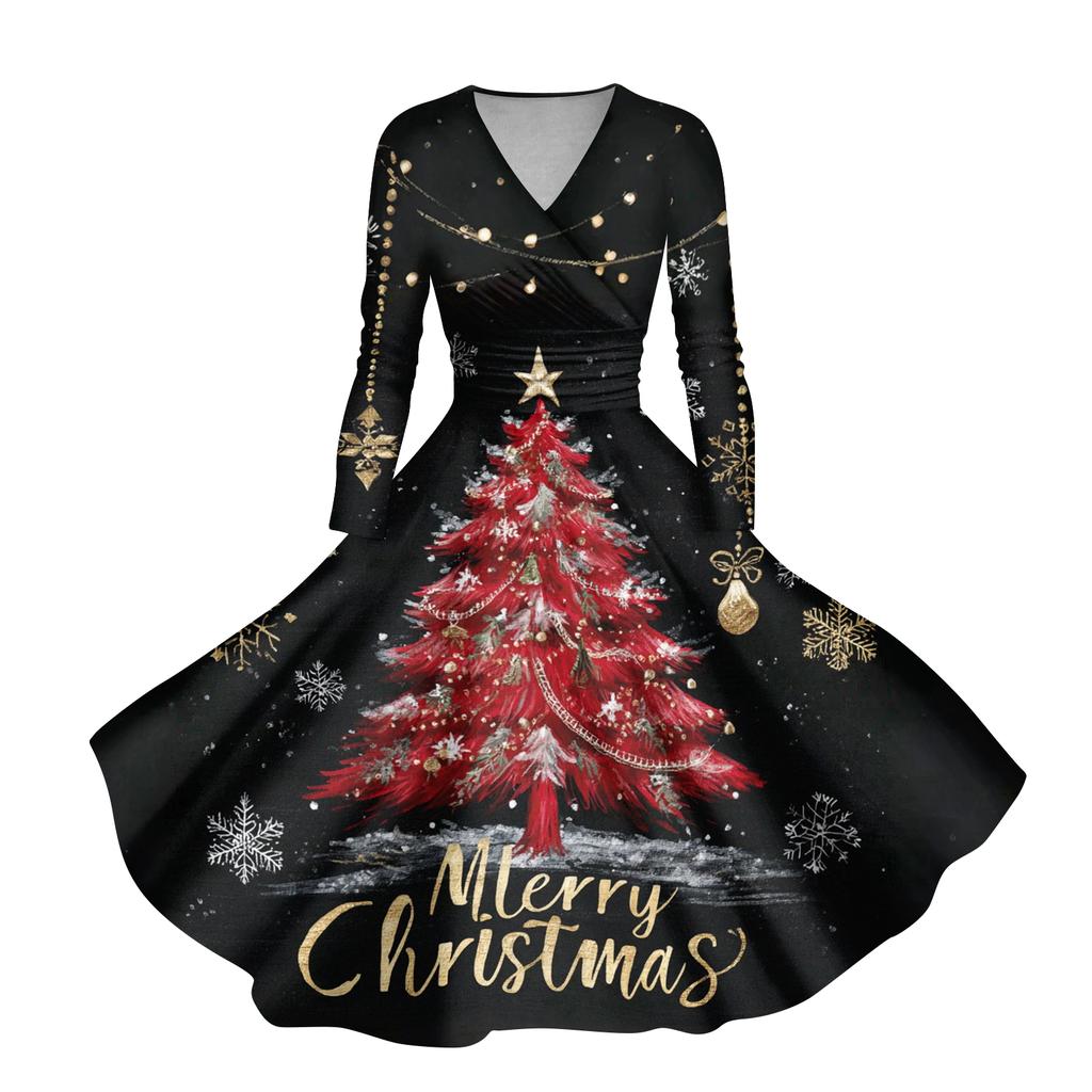 Ladies' Casual And Fashionable Christmas Tree Print Long Sleeved V-neck Sexy Pocket Dress