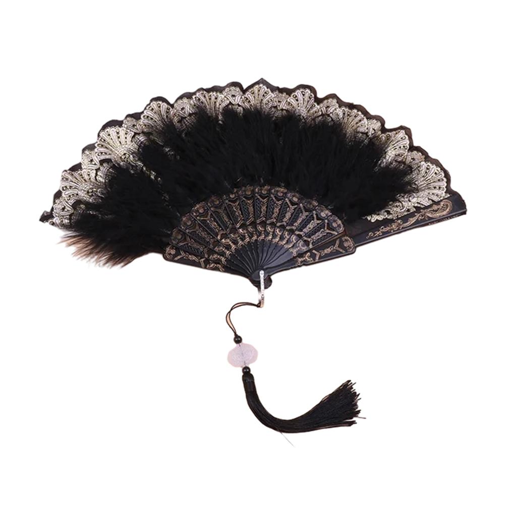 Lolita Feather Folding Fan Sweet Fairy Girl Dark Gothic Court Dance Hand Fan Pendant Photography Props Wedding Party Decor