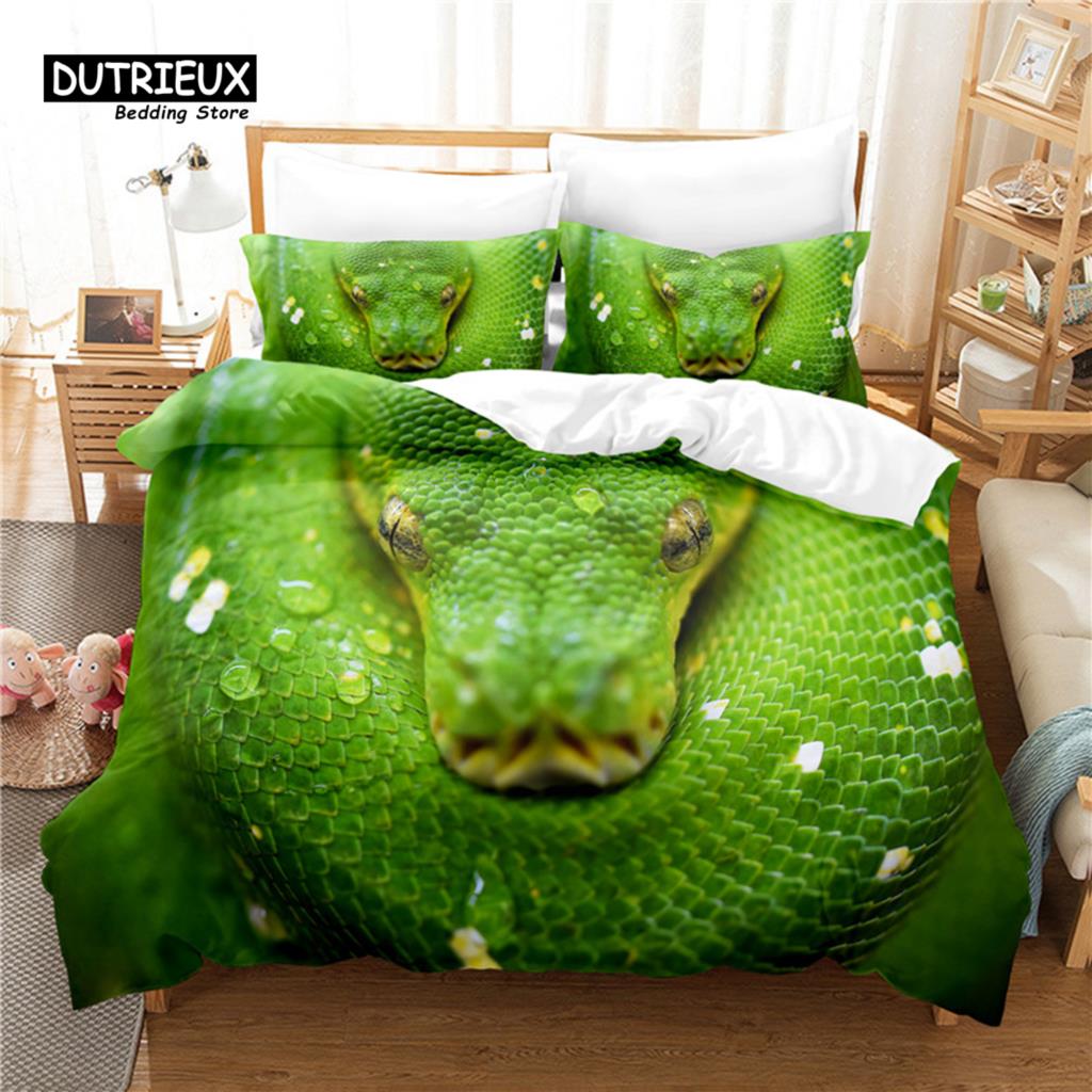 Stylish Elegant 3pcs 3D Green Snake Soft Comfortable Breathable For Bedroom Guest Room Decor Quilt