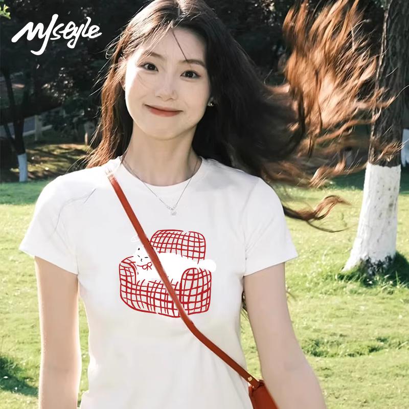MJ STYLE Women's White JWS Sofa Cat Graphic T-shirt