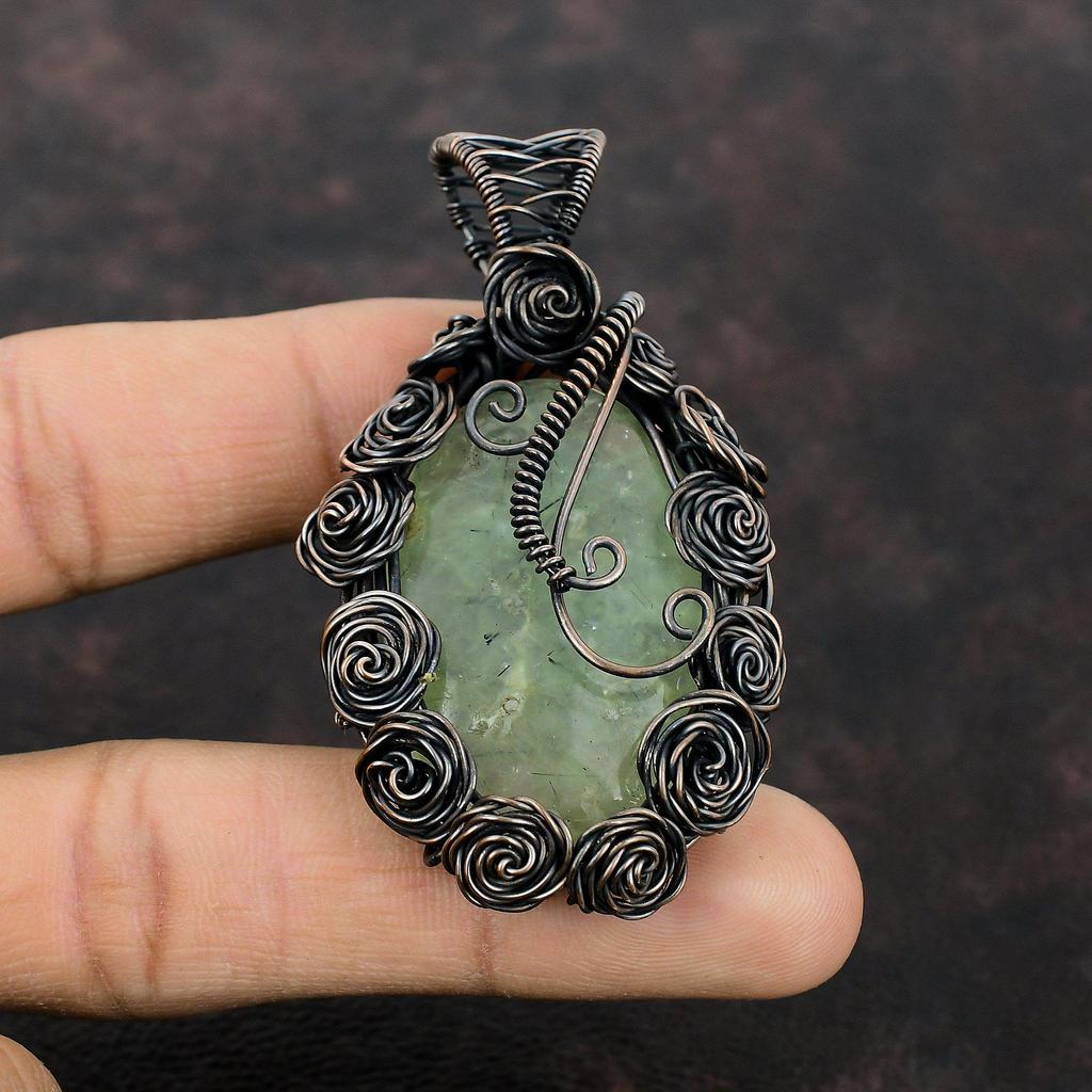 Moss Prehnite Pendant Copper Wire Wrapped Pendant Moss Prehnite Jewelry Handmade Pendant Copper Wire Wrap Jewelry Gemstone Pendant For Gift