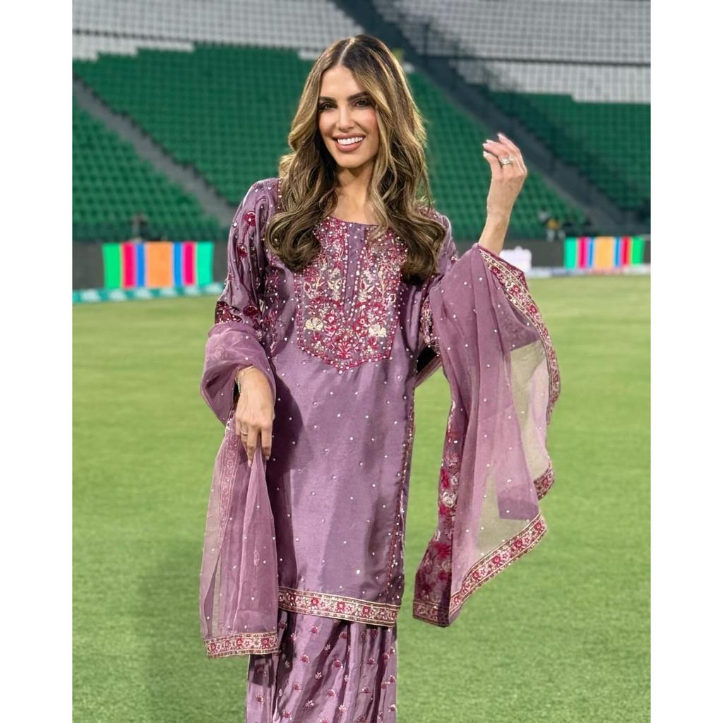Heavy Chinon Silk Pakistani Palazzo Suit Indian Bollywood Designer Salwar Kameez