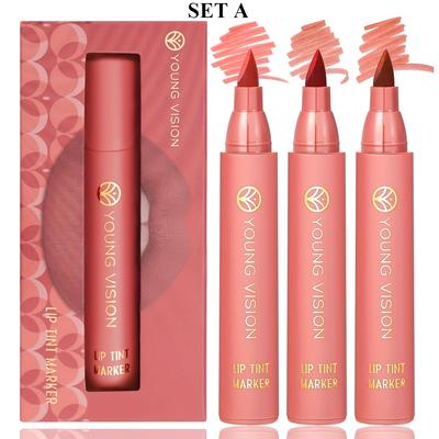 Lip Tint Marker 3er Set, Leichter Lippenfleck, Flüssiger Lippenstift mit Nude-Matten Farbtönen, Lipliner und Stift 2-in-1, Lang Haltend und Wasserfest