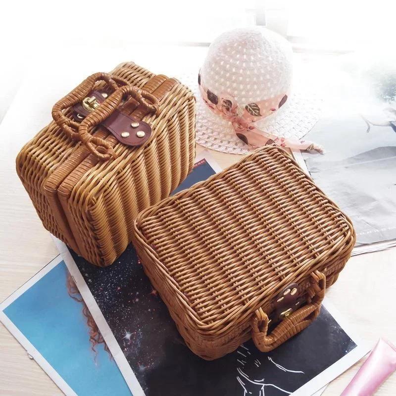 Rattan-like Finishing Box Woven Rattan Basket Retro Storage Box Decorative Props Suitcase with Hand Gift Box