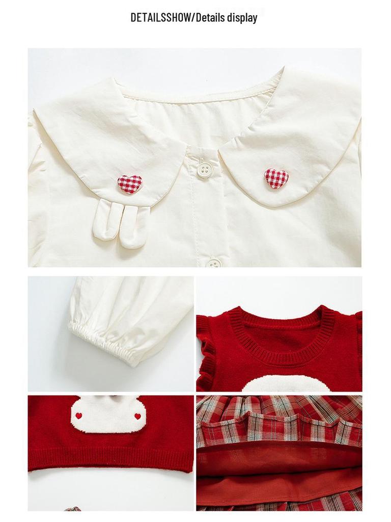 Autumn 2025 Girls' Cartoon Sweater Vest & JK Plaid Skirt Set