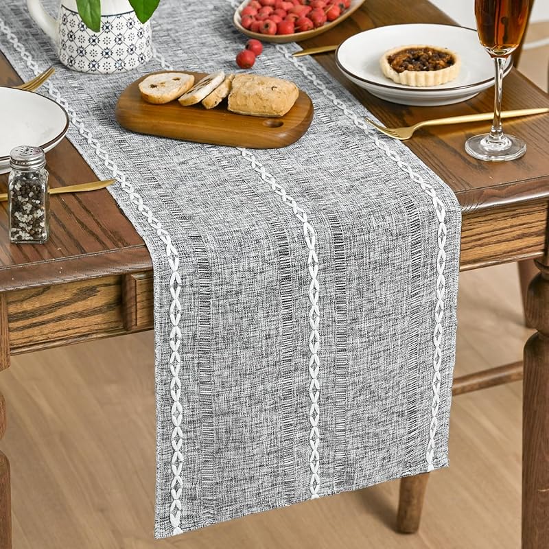 Artoid Mode Sage Green Rustic Cotton Linen Table Runner, Seasonal Embroidered Hollow Kitchen Dining Table Decoration for Home Party Decor 13x72 Inch