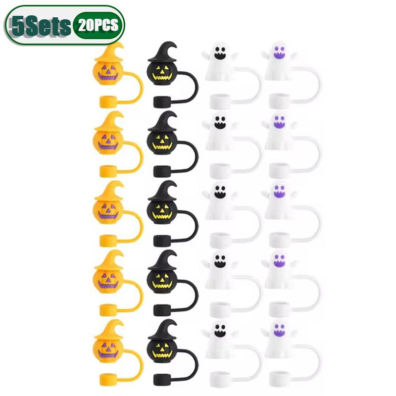 1-10Sets Halloween Straw Dust Plug Eco Friendly Pumpkin Ghost Straw Cap for Cup Reusable Dust Proof Cover for Drinks