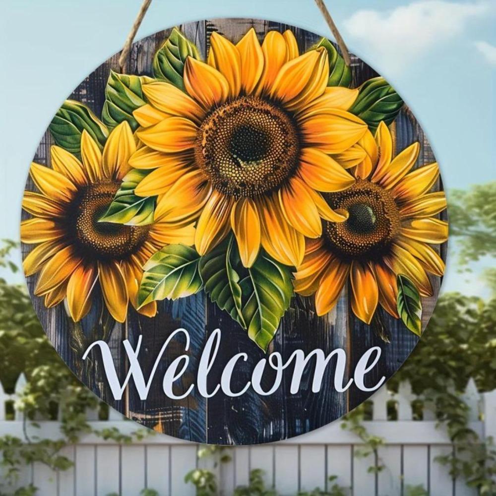 Hisun Tin Sign Vintage Welcome Sunflower Metal Tin Sign Retro Rustic Yellow Sunflower On Dark Wood Round Wall Art Decor Classic Farmhouse Flo