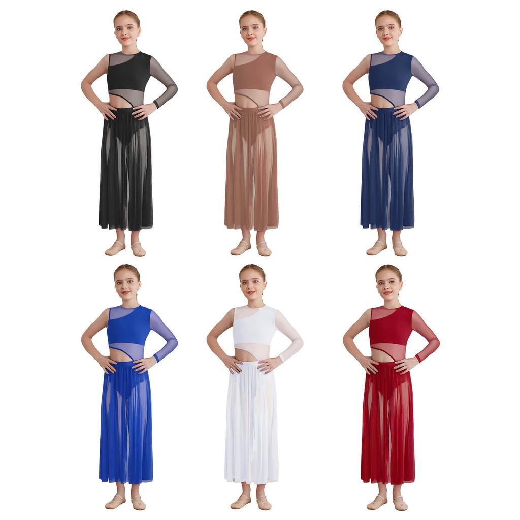 Modernes lyrisches Tanzkleid für Mädchen Rundhalsausschnitt Transparentes Mesh mit ausgeschnittenen Seiten