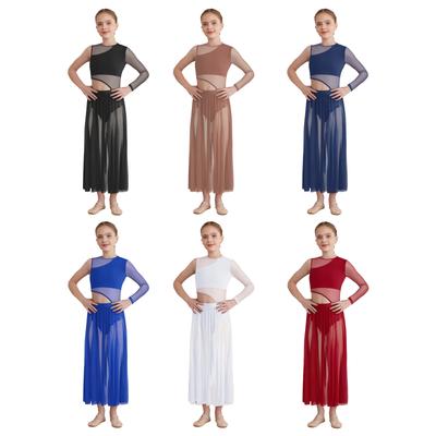 Mädchen Modernes Lyrisches Tanzkleid mit Aussparungen, Patchwork-Seiten, Schlitz, Transparentem Mesh, Asymmetrischem Design