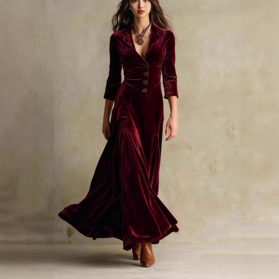 Europäische und amerikanische Damenbekleidung unabhängige Station einfarbig Knopf Revers Dreiviertelärm langes Kleid Kleid Taille Schwingrock