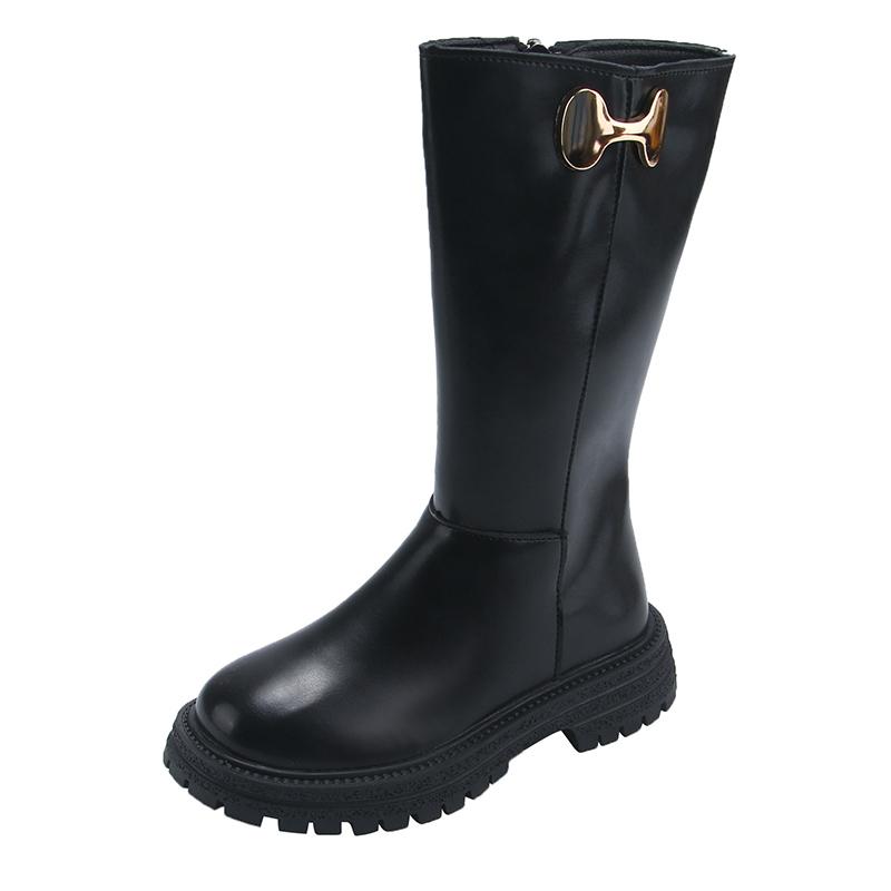 Girls Long Boots Black Fashion Kids Leather High Boots 2024 Autumn Winter Fashion Warm Fur Children Motorcycle Boots Classic