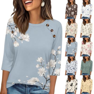 Damen 3/4 Ärmel Rundhals Knopf T-Shirt Blumenprint Lockerer Pullover Lässige Bluse Leichtes Oberteil für den täglichen Gebrauch