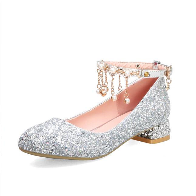 

Princess Kids Leather Shoes for Girls Rhinestones Casual Glitter Children High Heel Girls Wedding Party Shoes Bow Pink Silver 28