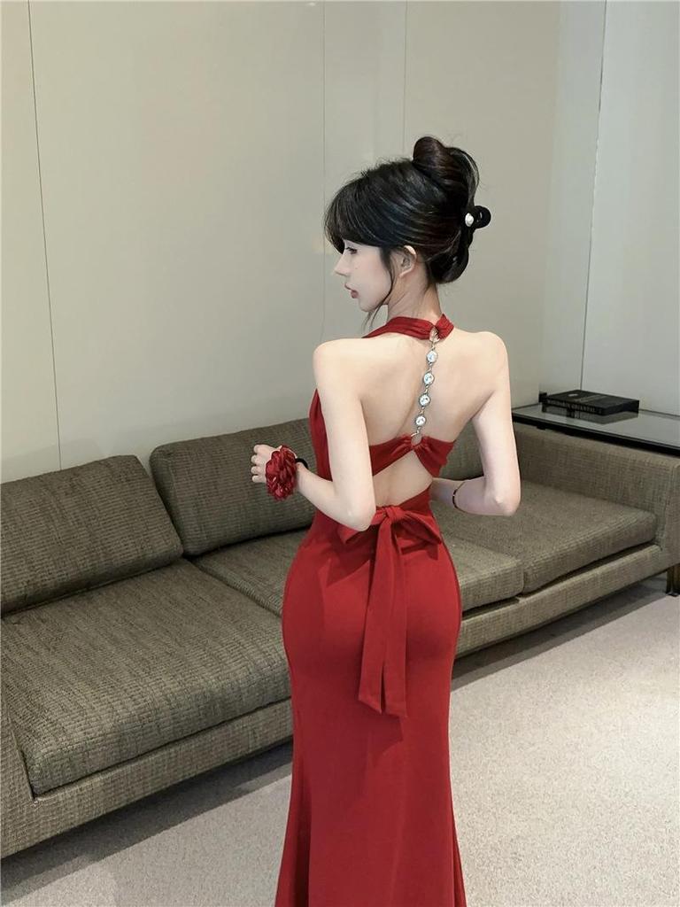 Spicy Girl Halter Bandage Backless Bodycon Fishtail Dress for Spring/Summer