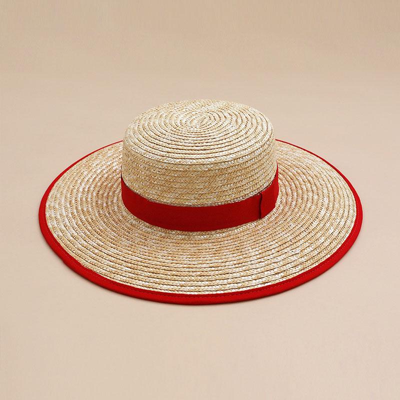 New Trendy Elegant European American Style Straw Hat Wide Brim Sun Hat Woven Edges Flat Top Women Seaside Vacation Party Sun Cap