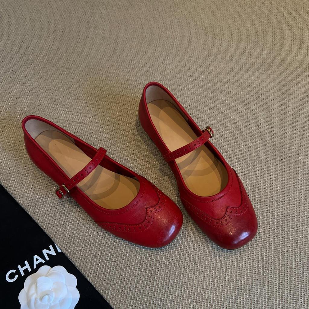 Sheepskin Version~ Retro Flat-bottomed Small Leather Shoes, Shallow Mouth Square Head Genuine Leather Mary Jane Shoes, One-word Buckle Red Small
