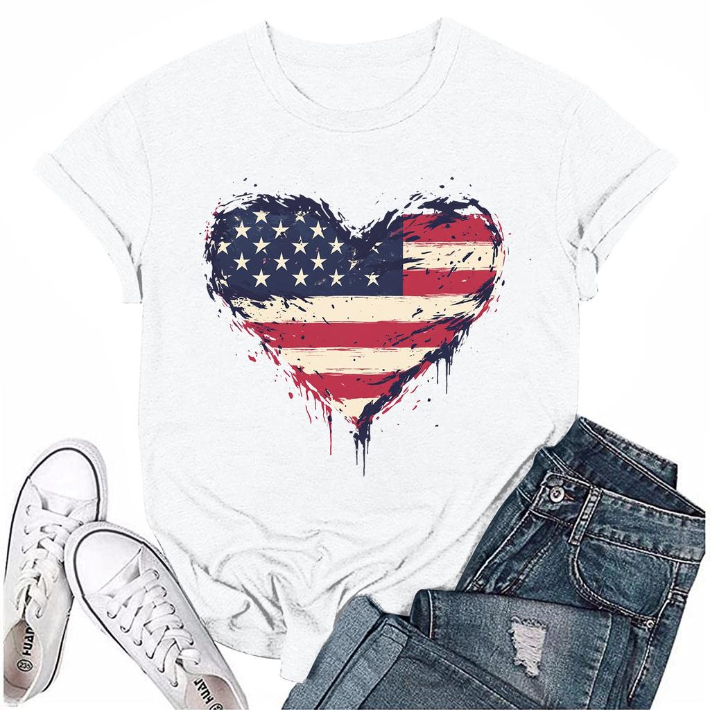 Adults Casual Daily Round Neck Independence Day  Printed Short Sleeved T-shirt Letter Top