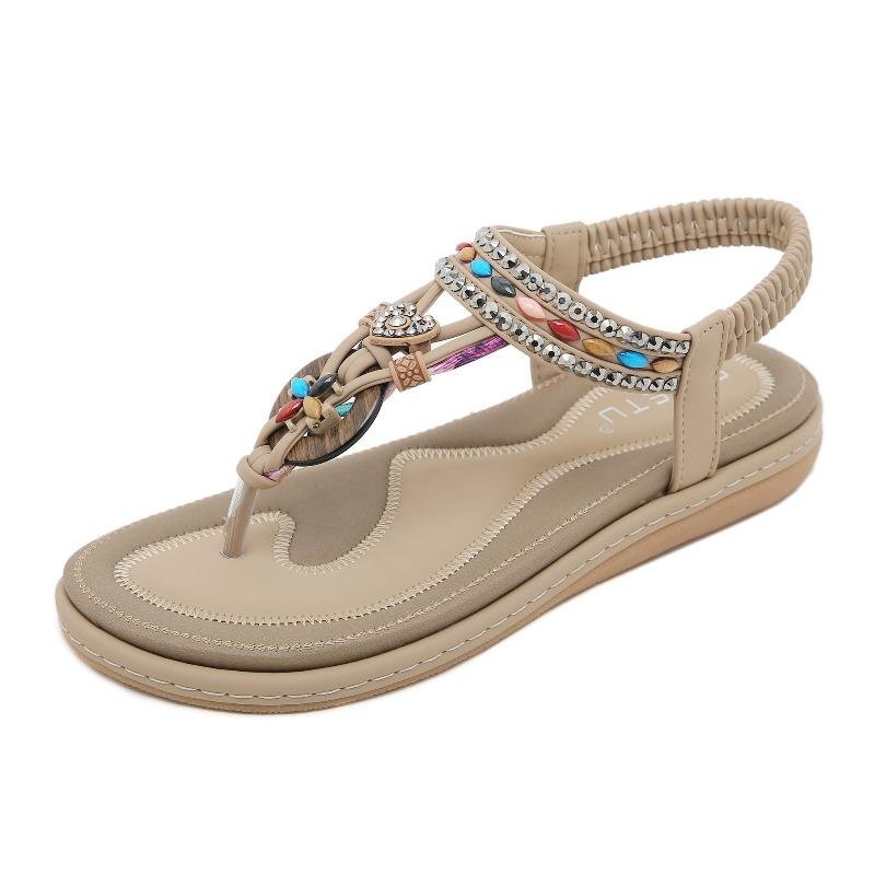Casual Shoes - Fashionable Wooden Bead Fastened Crystal Rhinestone Flat-bottomed Sandals