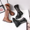 Children's Retro Brown Embroidered Chelsea Boots - Soft Sole Mid-Calf Denim Leather for Girls