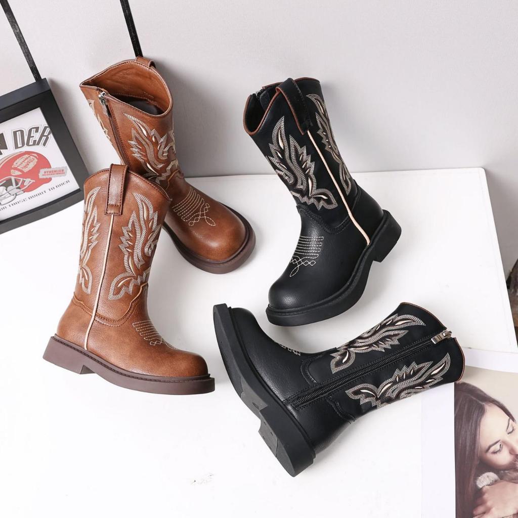 Children's Retro Brown Embroidered Chelsea Boots - Soft Sole Mid-Calf Denim Leather for Girls