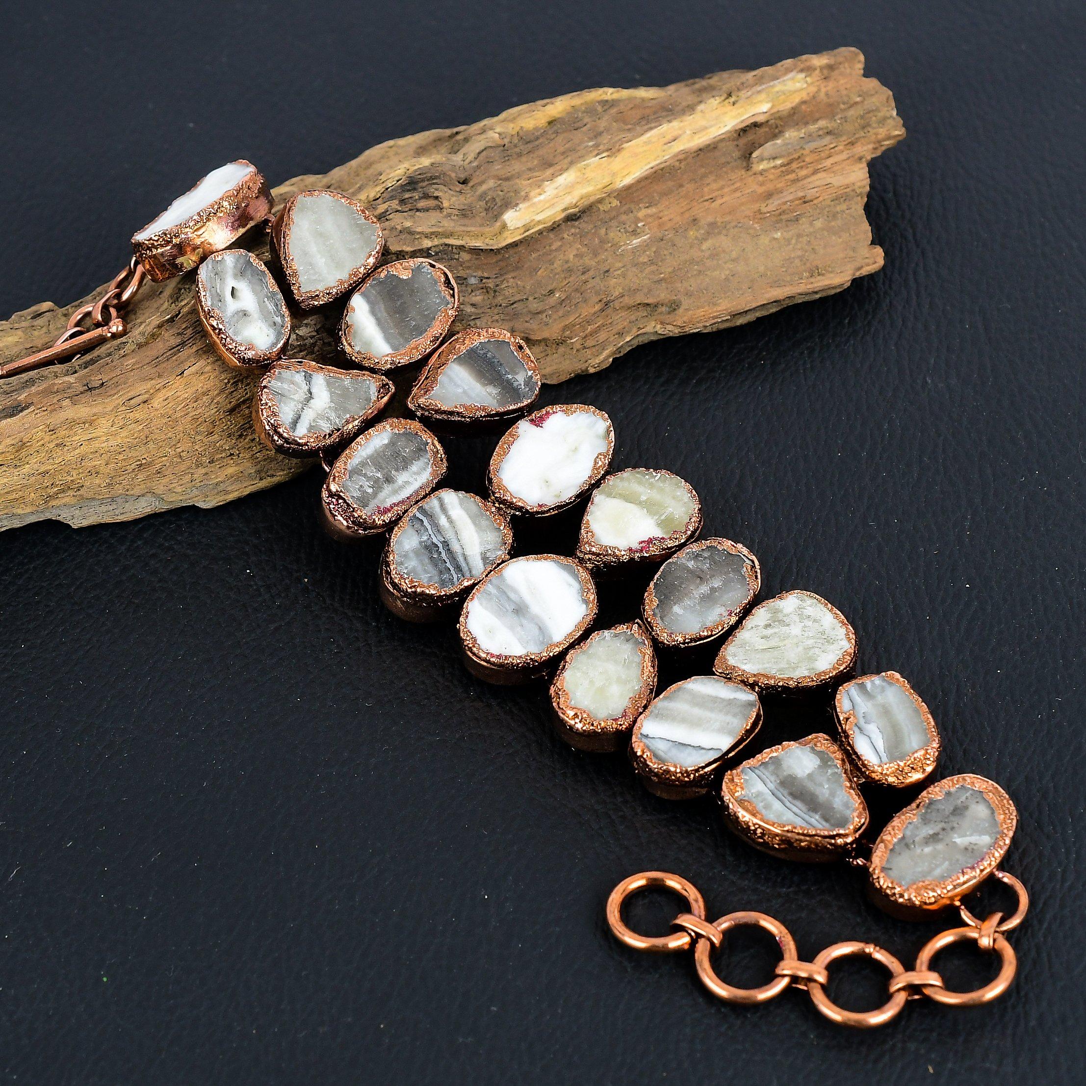 

Yellow Lace Agate Bracelet Gemstone Jewelry, Copper Electroformed Adjustable Chain Bracelet, Gift For Women Handmade Bracelet