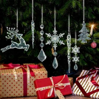 32 Stück Weihnachtsornamente Acryl Hängedekor Set mit Schneeflocken Hirsch Schneemann Eiszapfen Zuckerstangen Eiffelturm Weihnachtsbaumschmuck