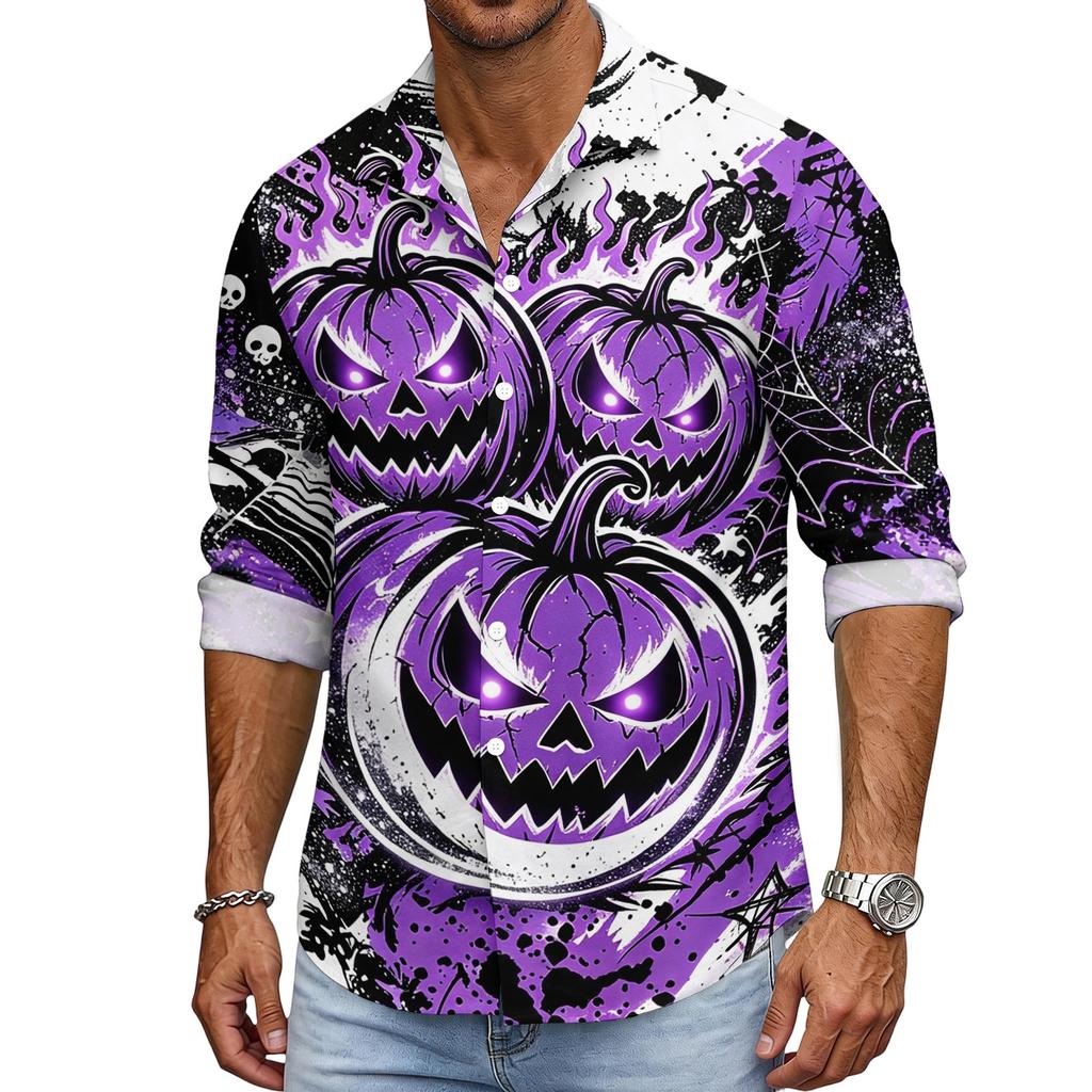Men's Halloween Long Sleeve Button Down Shirt with Collar Casual for Holiday Parties