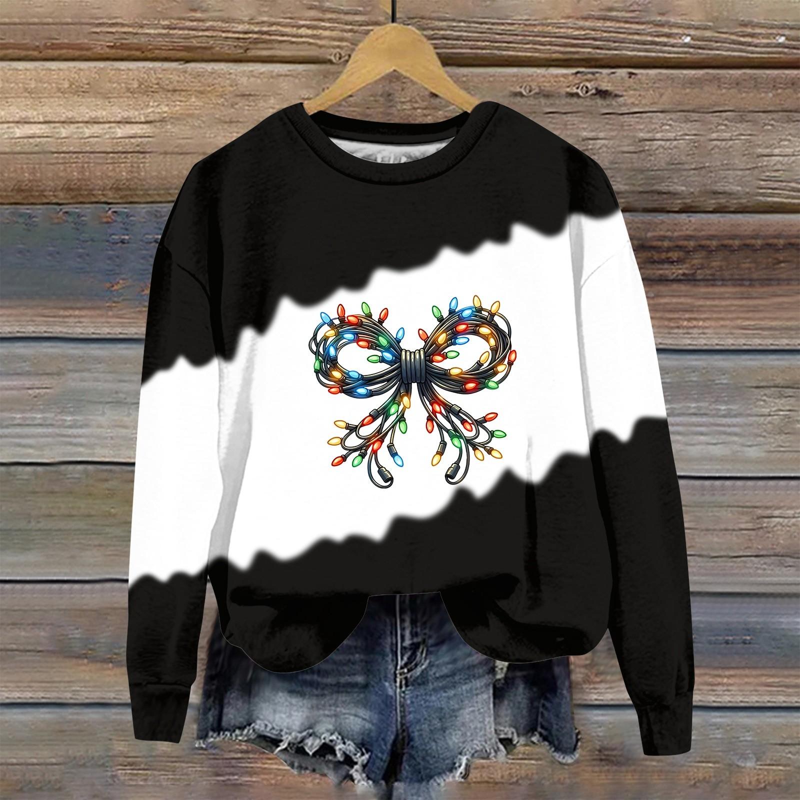 

Женская мода рождественский принт длинный рукав свободный круглый вырез толстовка топ осень XXXXL чёрный