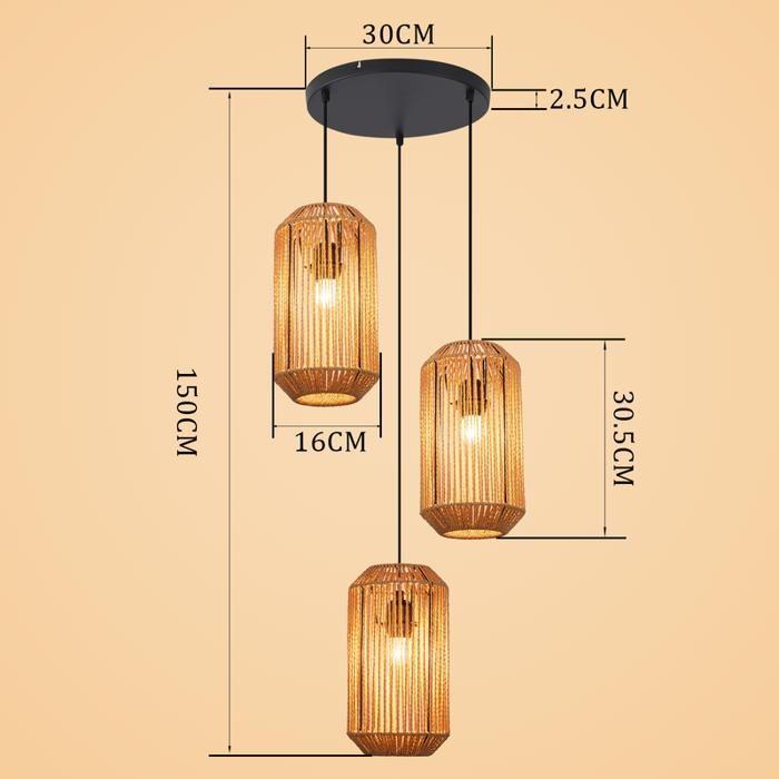 Lampe suspension rotin naturel NETTLIFE 3 lumières, Design bohème chic métal noir, Long, Luminaire E27 pour salle à manger salon