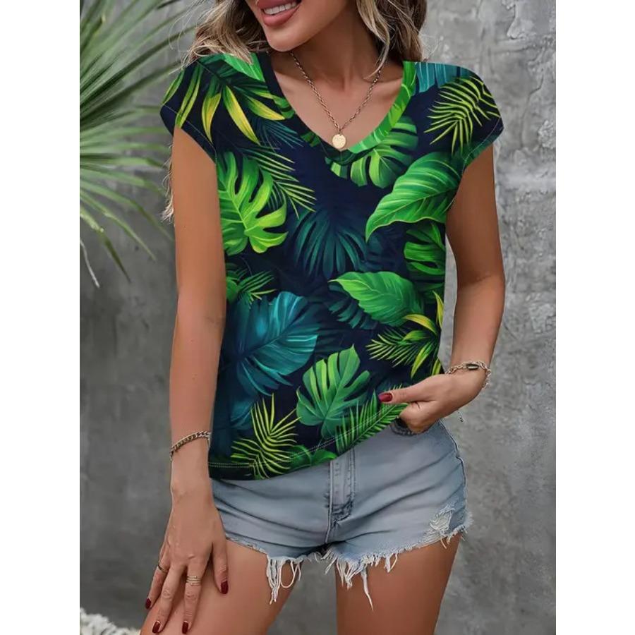 Camiseta vintage para mujer con estampado floral, manga corta, cuello en V, tops cómodos