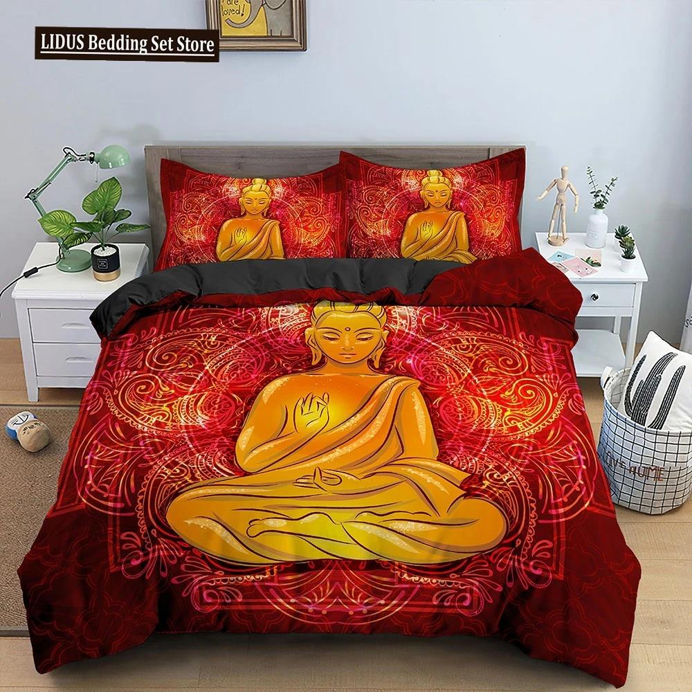 Buddha Bedding Set Indian Religion Buddhism Meditation Mandala Duvet Cover Smile Buddha Floral Soft Quilt Cover Queen King Size