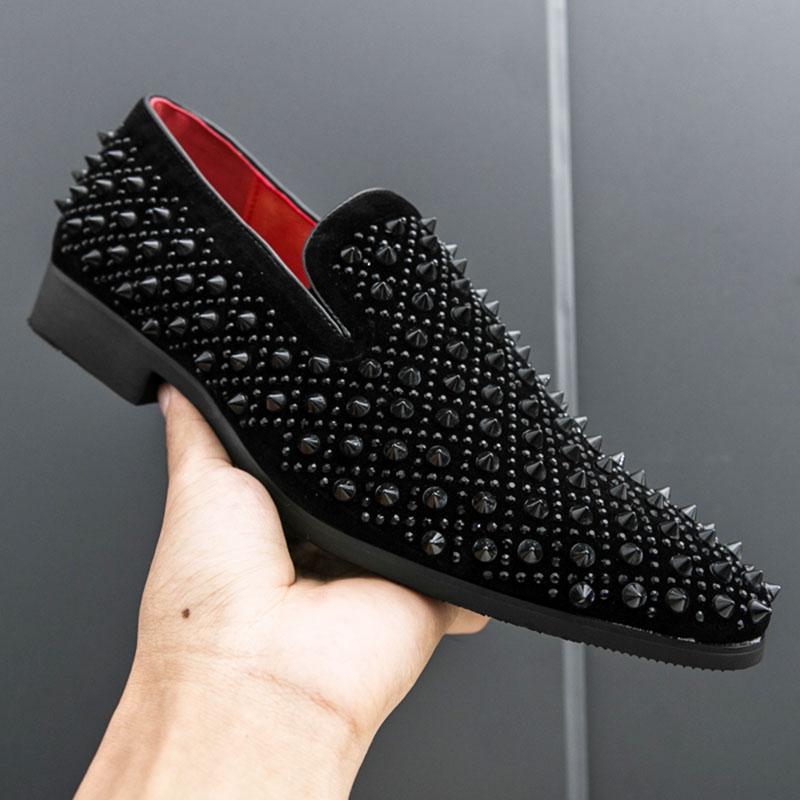 Fashion New Black Rivet Rhinestones Pointed Slip On Shoes Men Designer Rock Punk Loafers Formal Wedding Prom