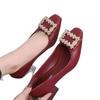 Coarse Heel Shallow Mouth Single Shoes Women's 2025 New Spring Square Head Rhinestone High Heels Medium Heel Versatile Temperament Work Shoes