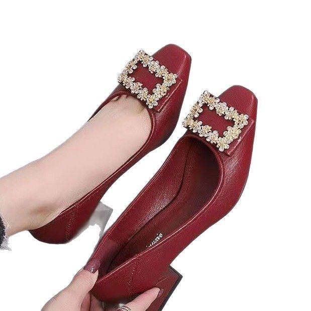 Coarse Heel Shallow Mouth Single Shoes Women's 2025 New Spring Square Head Rhinestone High Heels Medium Heel Versatile Temperament Work Shoes