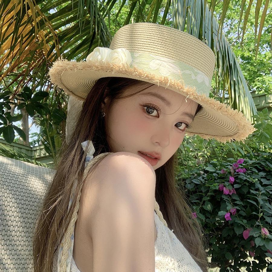 Small Fresh Forest Lace Flower Shade Straw Hat Women's Summer Flat Top Rough Edge Straw Hat Seaside Vacation Beach Hat