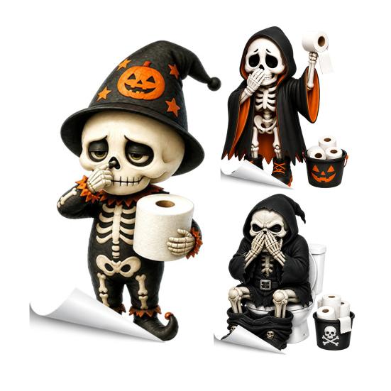 Waterproof PVC Toilet Art Halloween Skeleton Sticker, Funny Pooping Lid Decal, Dark Humor Decal Adhesive Bathroom Sticker for Tank, Holiday Home Decor