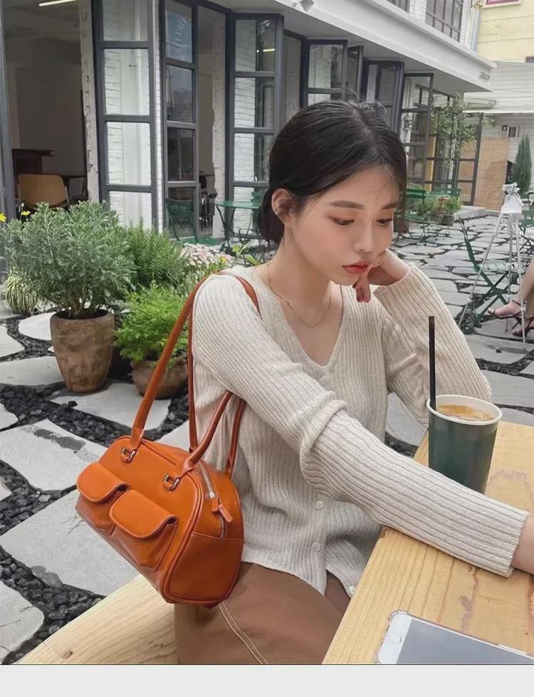 Korean Retro Wax Leather Bowling Shoulder Bag with Multi-Pockets