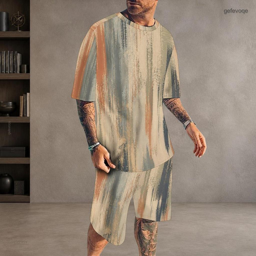 Men Plus Size Round Neck Short Sleeve Yellow Brown Red Printed Tie Dye Two Piece Shorts Set