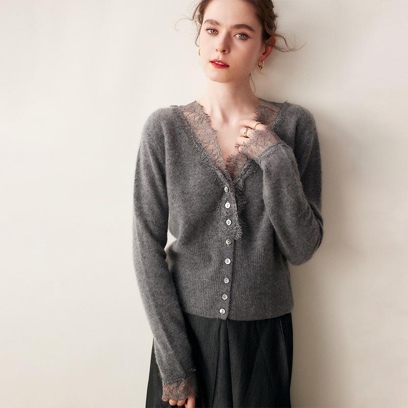 Lace Trim V-Neck Cashmere Cardigan for Women - Short Knitted Wool Sweater Coat with Long Sleeves for Autumn/Winter 2024