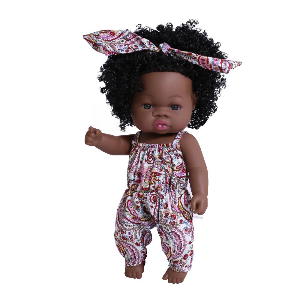 33cm Full Silicone Body Reborn Baby Doll Toys Dark Black Brown Skin Optional Rebirth Doll Lifelike Curly Hair Newborn Doll for Kids Birthday Xmas Gift