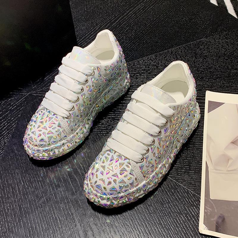 McQueen board shoes full of diamonds little white shoes women show thin rhinestones fried street leisure sports dad shoes women