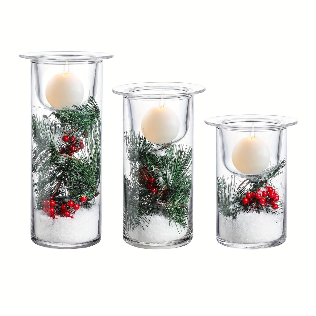 3pcs Glass Hurricane Candle Holders With Decorative Christmas Ornaments - Set Of 3(Candles Not Included)