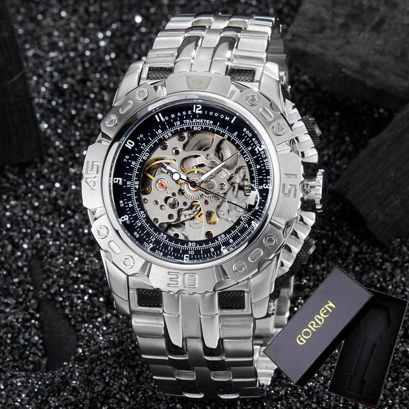 Luxury Silver Gold Automatic Mechanical Watch For Men Full Steel Skeleton Wristwatch Clock Over-sized Big Dial Relogio Masculino