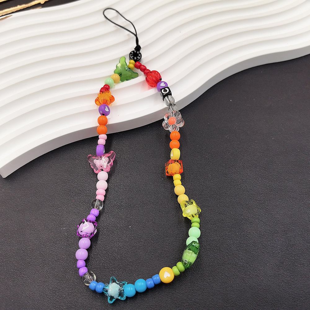 Rainbow Butterfly Bear Head Phone Strap with Crystal Flower Charm
