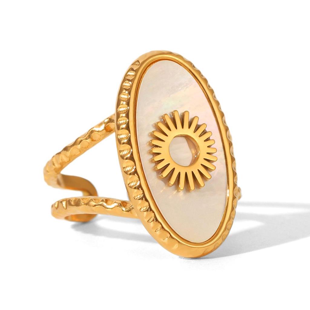 Geometric Open Stainless Steel Ring with White Mother-of-Pearl Oval for Women